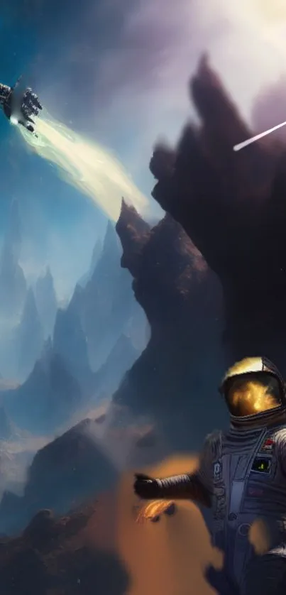 Astronaut explores alien landscape under a mysterious sky.