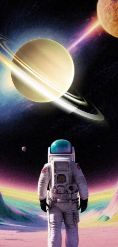 Astronaut exploring a colorful cosmic landscape with planets in the background.