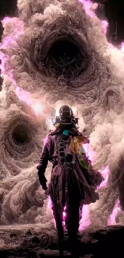 Astronaut faces cosmic nebula with swirling clouds on a vibrant space adventure.