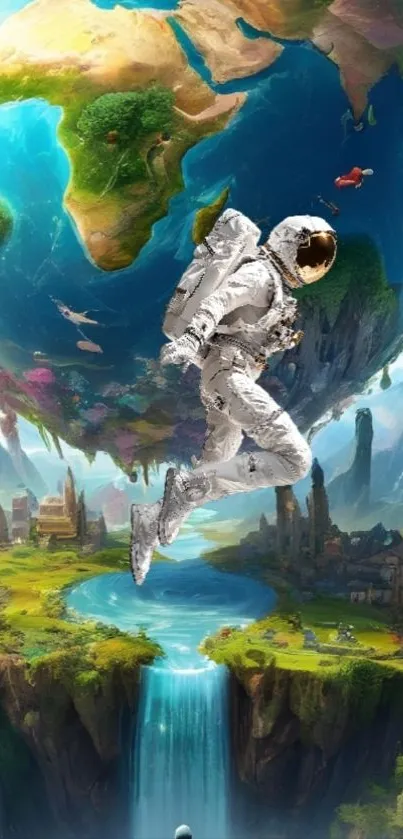 Astronaut floating by magical floating planet with waterfalls.