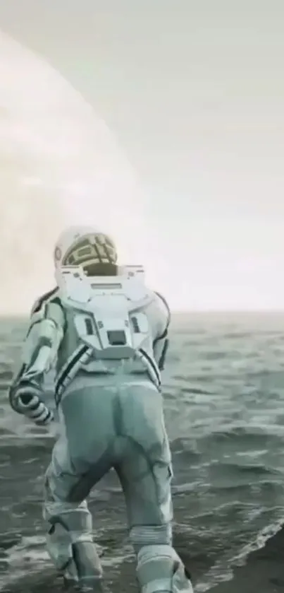 Astronaut stands in ocean with moon on horizon, creating a futuristic scene.