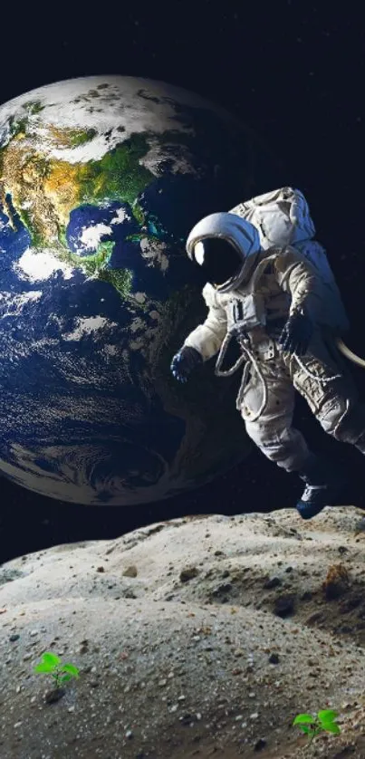 Astronaut floating in space with Earth in the background.