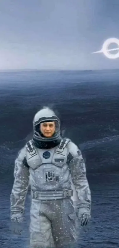 Astronaut exploring a surreal ocean under a cosmic sky.