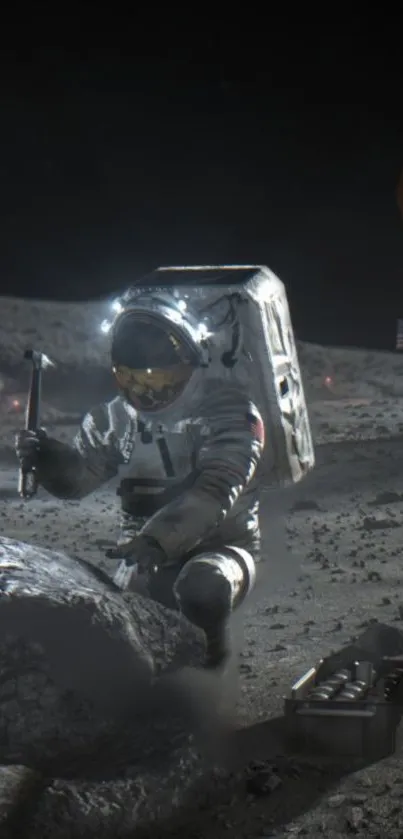 Astronaut in space suit exploring moon surface with tools.