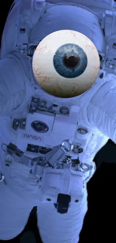 Astronaut with an eyeball head against a cosmic background.