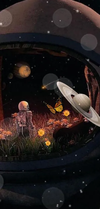 Astronaut in dark cosmos with Saturn and flowers.