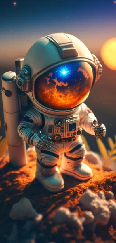 Surreal astronaut on an alien planet with vibrant orange hues.