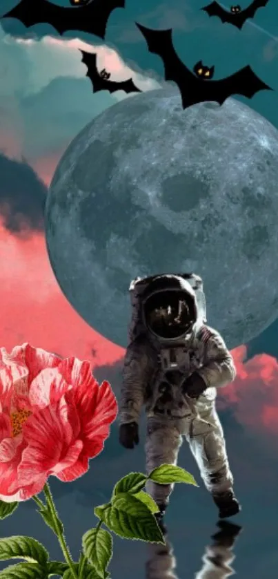 Surreal astronaut with moon, bats, and flowers in a fantasy cosmic scene.