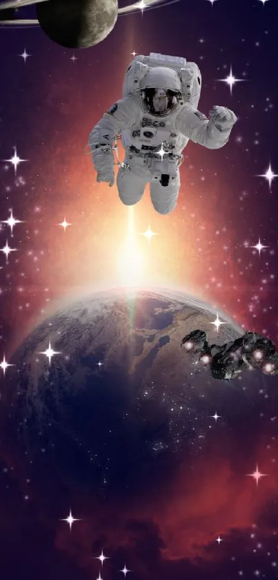 Astronaut floating above Earth with spaceship and distant planet.