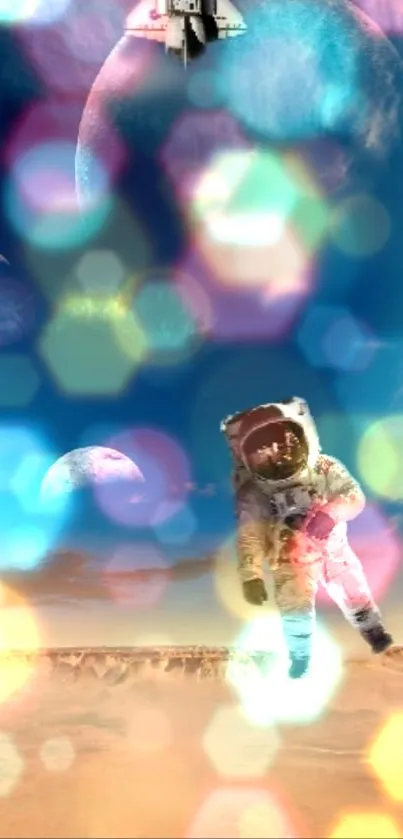 Astronaut floats in a colorful cosmic scene with planets and hexagonal lights.