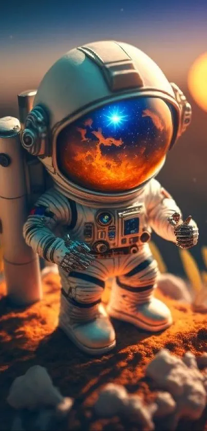 Fantasy astronaut standing under a vivid alien sunset.