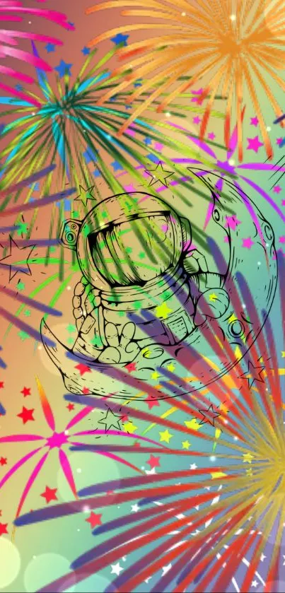 Colorful astronaut and fireworks wallpaper with cosmic theme.