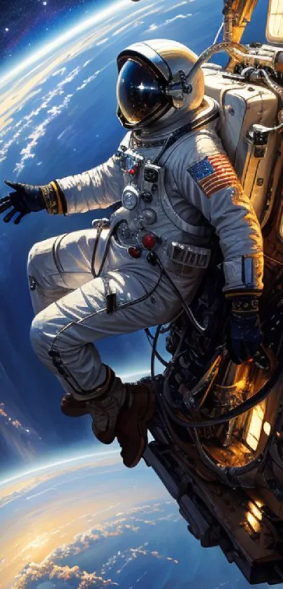 Astronaut floating in space above Earth against a starry backdrop.