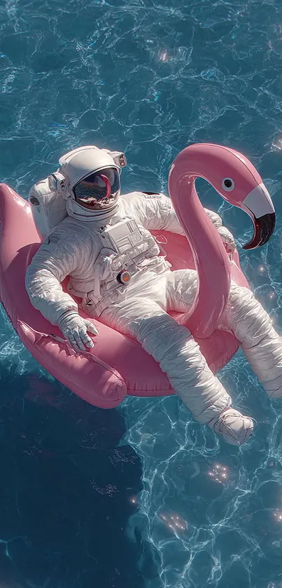 Astronaut on flamingo float in blue water