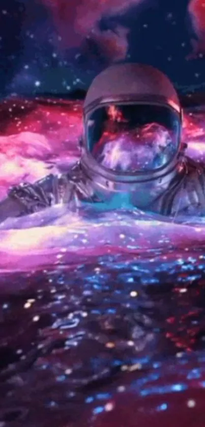 Astronaut floating in a vibrant galaxy with pink and purple hues.