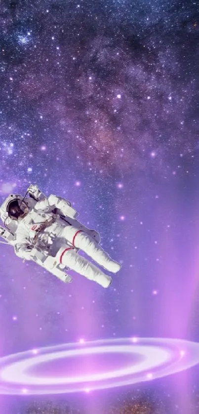 Astronaut floats in purple galaxy with glowing aura.