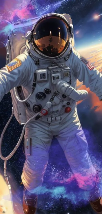 Astronaut floating in a vibrant galaxy, surrounded by colorful space.