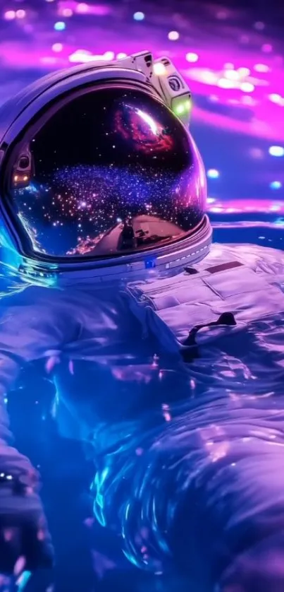 Astronaut floating in vibrant neon space scene.