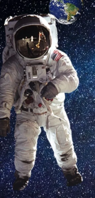 Astronaut in space with Earth in view, floating among stars.