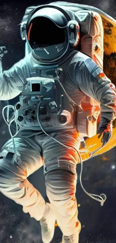 Astronaut floating with Earth and stars in space wallpaper.