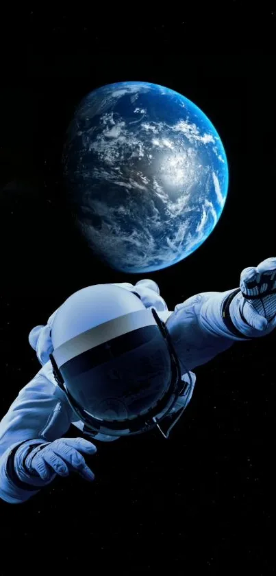 Astronaut floating in space with Earth backdrop.