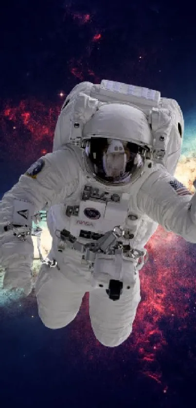 Astronaut floating in space with vibrant nebula backdrop.