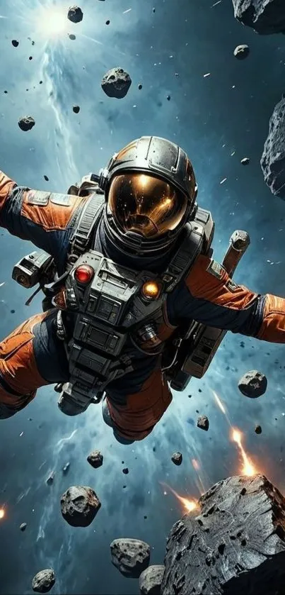 Astronaut floating in space among debris and stars