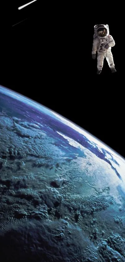 Astronaut floats above Earth against a black space backdrop.