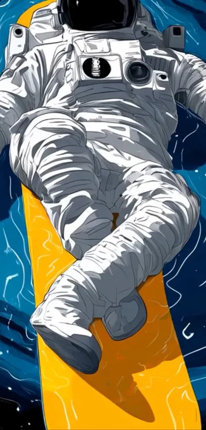 Astronaut lounging on a surfboard in space.