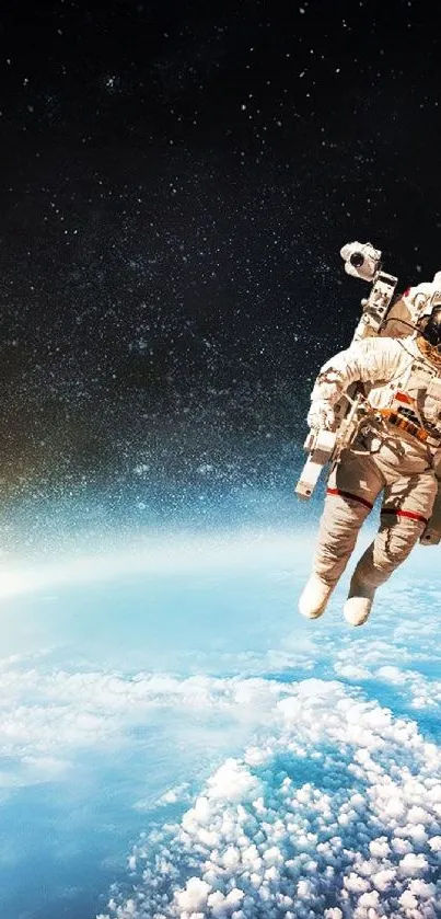 Astronaut floating above Earth, outer space view with starry background.