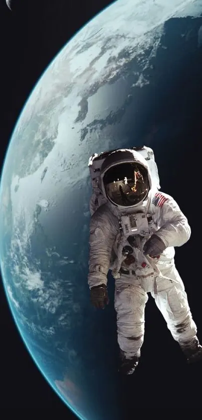 Astronaut floating over Earth with cosmic background.