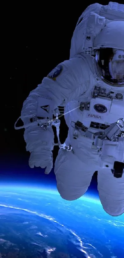 Astronaut in space with Earth in view and moon in background.