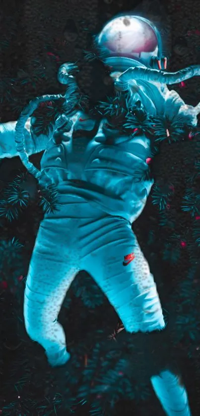 Futuristic astronaut floating in a dark cosmic background, teal-tinted design.