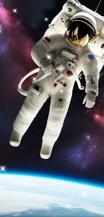 Astronaut floating in outer space with a galaxy backdrop.