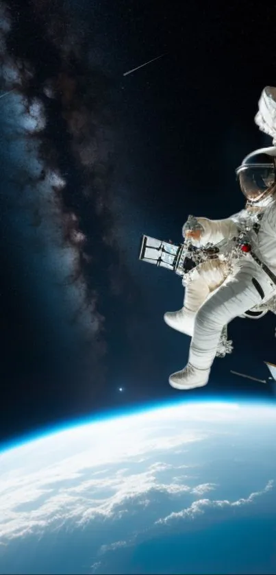 Astronaut floating in space with Earth and Milky Way background.