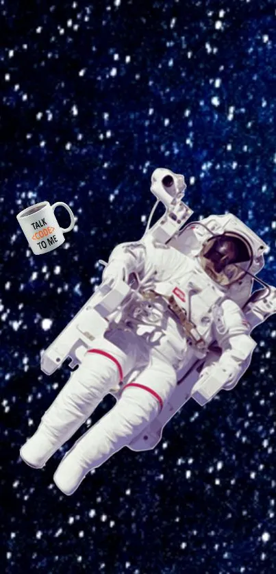 Astronaut floating in starry space with a coffee mug.