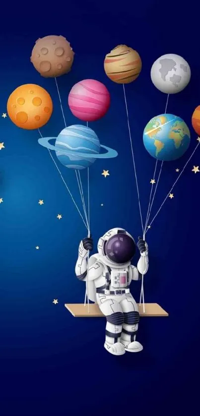 Astronaut on swing with planets and stars in deep space.