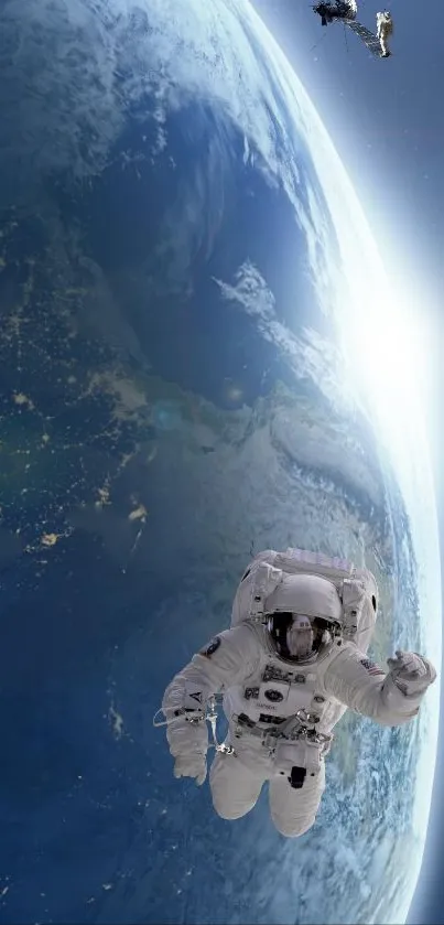 Astronaut floating over Earth with a bright horizon in space wallpaper.