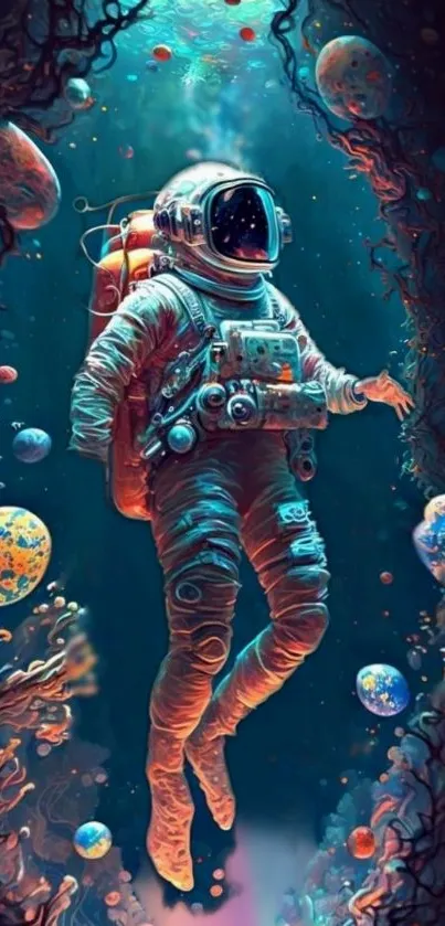 Vibrant astronaut floating in space with colorful planets and cosmic background.