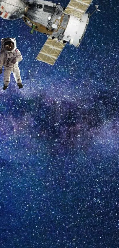 Astronaut and satellite in starry space wallpaper.