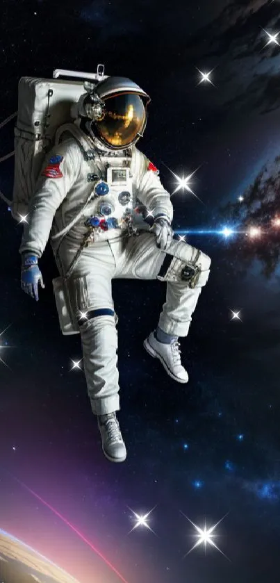 Astronaut floating with galaxy background, showcasing earth and stars.