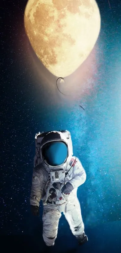 Astronaut floating with a moon balloon in a dark space-themed wallpaper.