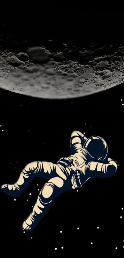 Astronaut floating through space with moon surface in the background.