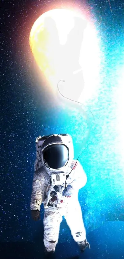Astronaut with a glowing balloon floats in space against a blue background.