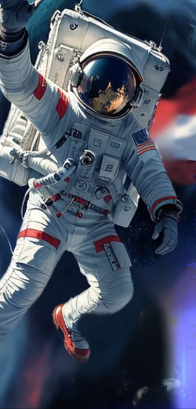 Astronaut in space with earth and colorful cosmic background.