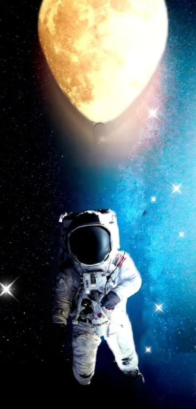 Astronaut floating with moon balloon in starry space.