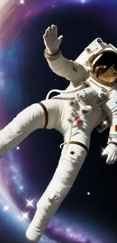 Astronaut floats in vibrant space scenery with colorful planetary view.