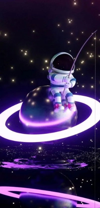 Astronaut sitting on a glowing ringed planet against a starry cosmic backdrop.