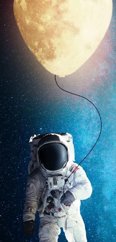 Astronaut holds moon balloon in space art.