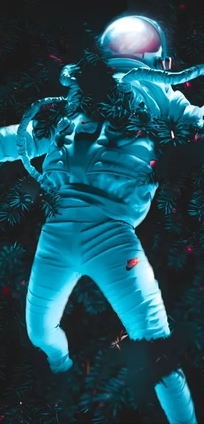 Astronaut in space suit surrounded by dark foliage with neon lighting.